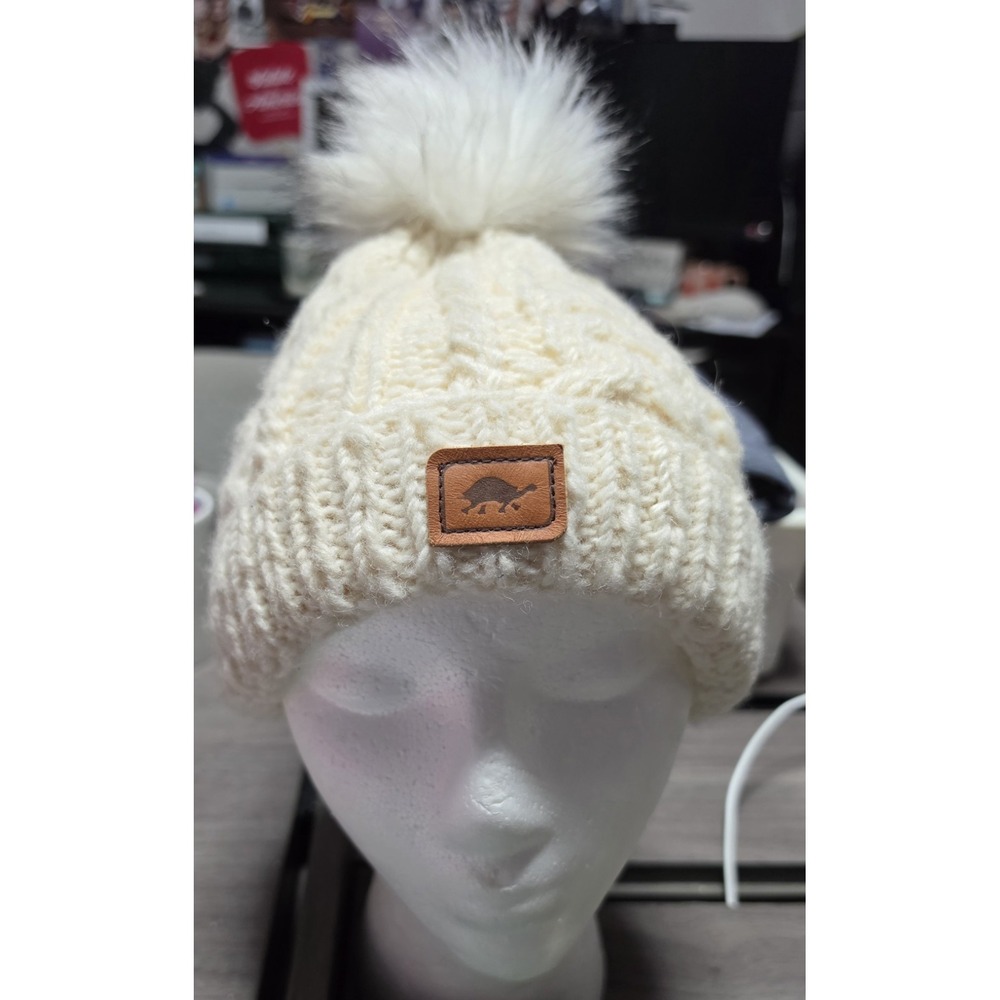 Turtle Fur Ivory Cable Knit Beanie with Faux Fur Pom Womens One Size Hat